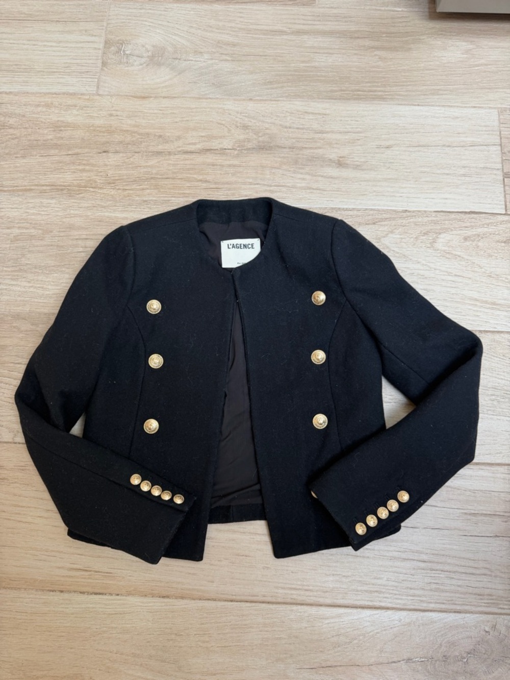 L'AGENCE Black Double-Breasted Military-Style Blazer with Gold Buttons